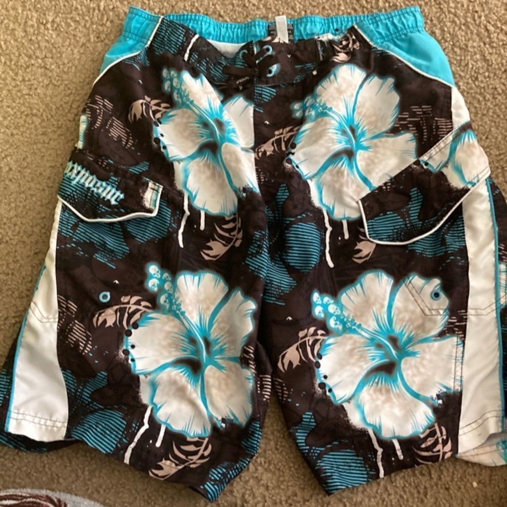 Boys Blue and Brown Floral Zeroxposur Swim Trunks NWOT